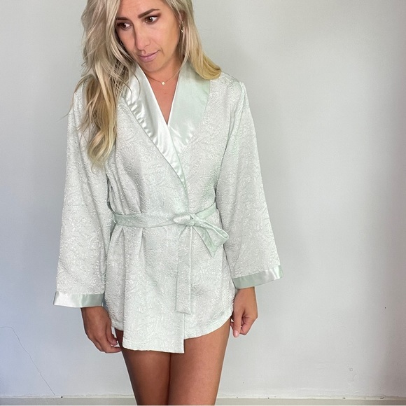 Vintage Oscar De La Renta Seafoam Mint Paisley Textured Robe Kimono sz L - Picture 7 of 12